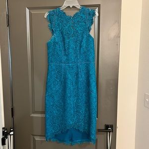 Lumier by Bariano, lace teal dress. Zip back. Designed in Australia.